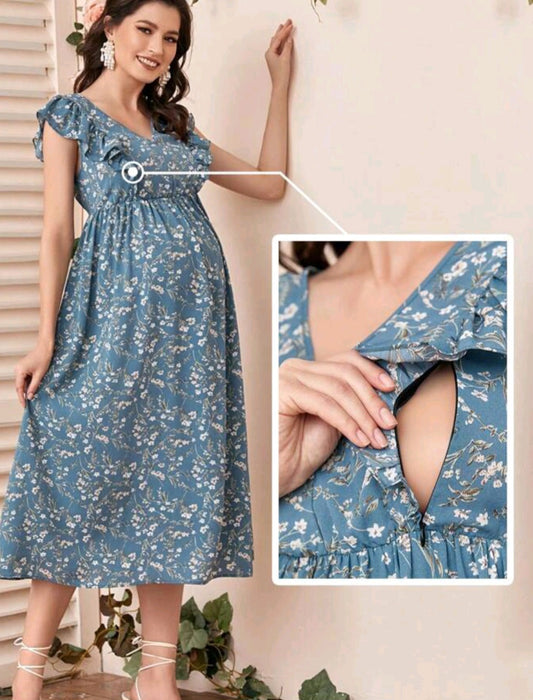 Blue floral maternity breastfeeding dress