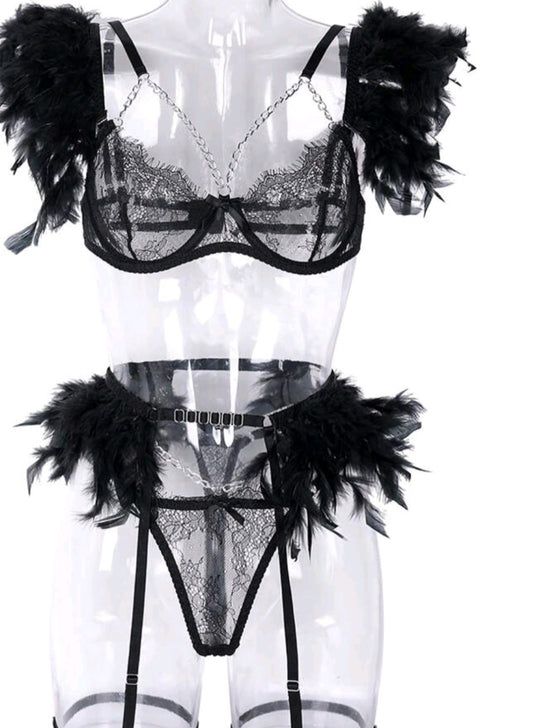 Black 3 piece lingerie with feathers