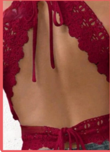 Red open back lacy top